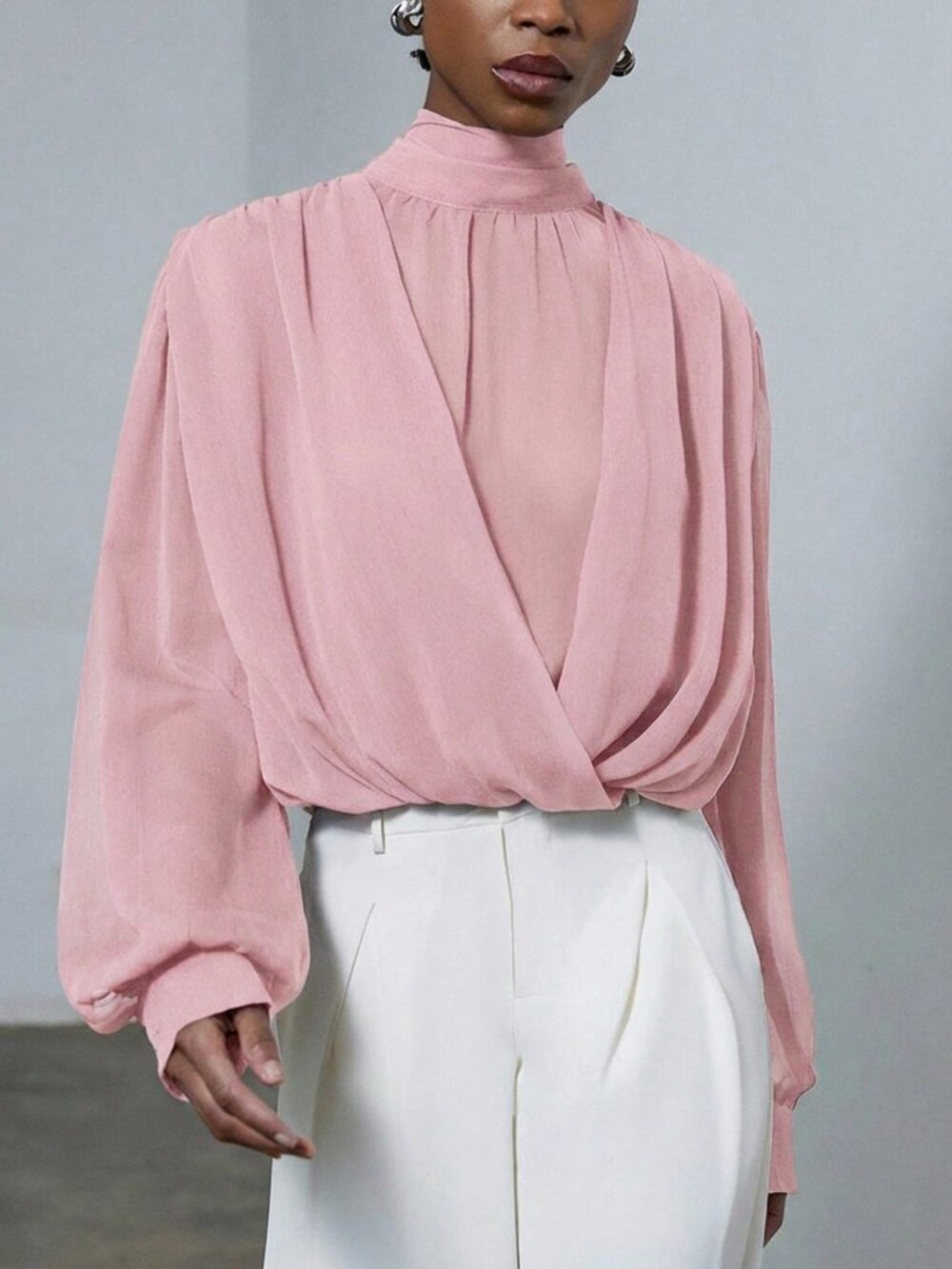 Pink Elegant Women's Mock Neck Sheer Blouse with Wrap Front and Puff Sleeves - Picture 6 of 7